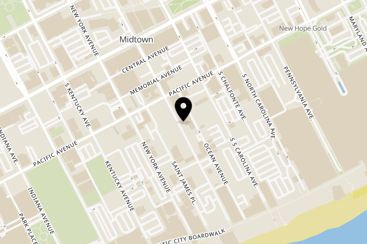 Map showing the location of Tennessee Avenue Beer Hall on 133 South Tennessee Avenue in Atlantic City
